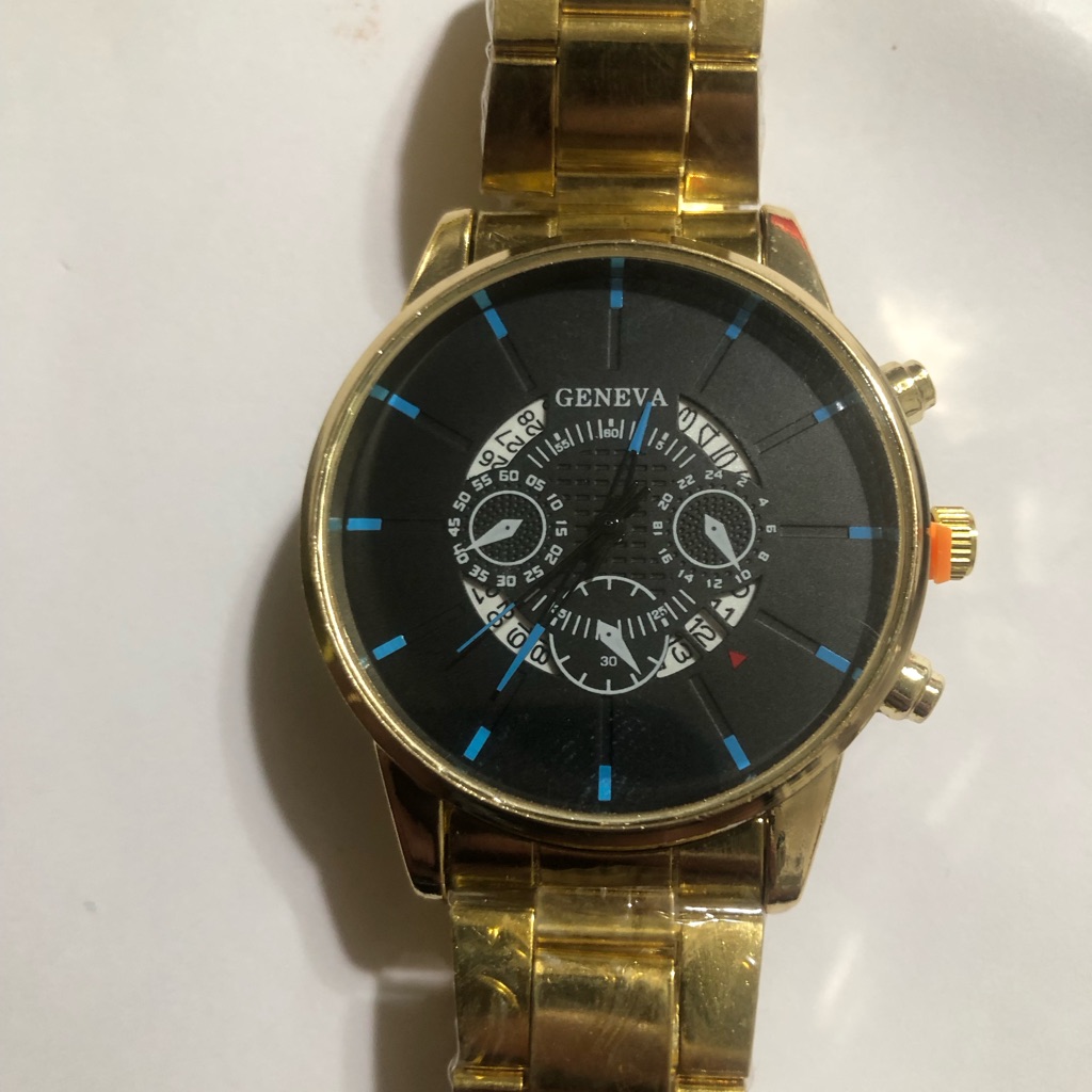 Geneva GoldTone Watch With Black Dial And Blue Markers